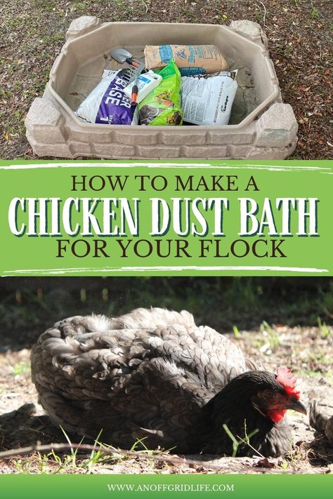 How to make a chicken dust bath text overlay on image of mixing the dust bath. Chicken Run Inspiration, Chicken Beginner Tips, How To Make A Dust Bath For Chickens, Diy Chicken Bath, How To Raise Chickens For Beginners, Chicken Dust Bath Ideas Covered, Dirt Bath For Chickens, Chicken Dust Bath Containers, Diy Dust Bath For Chickens