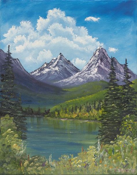 Landscape Paintings With Mountains, Landscape Paintings Ideas Easy, Landscape Photography For Painting, Mountain With River Painting, Drawing Of Mountains Landscapes, Easy Acrylic Painting Mountains, Mountain Landscape Oil Painting, Landscapes With Mountains, Distant Mountain Painting