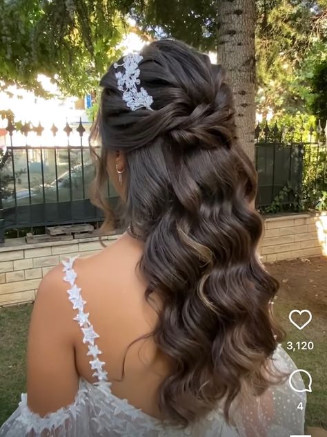 Wavy hair with braid half up Half Do Bridal Hair, Tiara With Braid, Half Up Half Down Wedding Hair With Hairband, Half Up Half Down Wedding Hair Long Straight, Half Up Half Down Hair With Crown, Hairstyles With A Crown Half Up, Wedding Hair Tiara Half Up, Half Up Wedding Hair With Tiara, Curled Hair With Crown