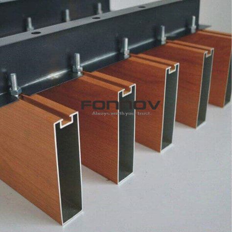 Timber Baffle Ceiling With Extruded Aluminum | FONNOV CHINA Baffle Ceiling, Interior Kantor, Exterior Wall Cladding, Roof Ceiling, Aluminium Cladding, Wooden Facade, Cladding Systems, Wood Slat Wall, Facade Cladding