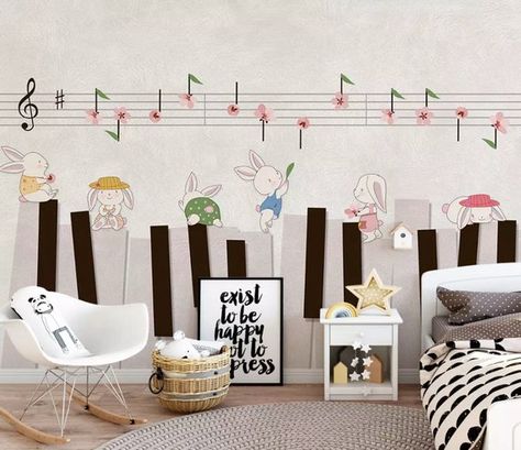 Kids Wallpaper Cartoon Piano Wall Mural Music Notes Wall Art Nursery Wall Decor Childroom Baby Room Cartoon Piano, Charleston Home Decor, Music Themed Nursery, Rabbits Wallpaper, Music Notes Wall Art, Music Nursery, Piano Wall, Kindergarten Interior, Doodle Wall