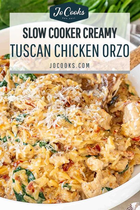 Whip up this heavenly Slow Cooker Creamy Tuscan Chicken Orzo for a no-fuss, flavor-packed dinner! #EasyDinnerIdeas #SlowCookerRecipes 🍲👩‍🍳 Dinner Idea Crockpot, Healthy Dinner Recipes With Orzo, One Pot Chicken Meals Slow Cooker, Tuscan Chicken One Pot Orzo, Crockpot Recipes Heavy Cream, Chicken Dinner With Potatoes, Orzo In Crockpot, Orzo Chicken Crockpot Recipes, Non Dairy Chicken Crockpot Recipes