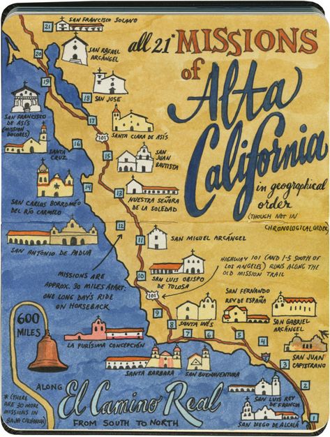 Beautiful sketches of the historic California Missions by artist Chandler O'Leary Croquis, California Missions Project, Alta California, Map Sketch, Mission Projects, Ca History, California Missions, Camino Real, New Spain