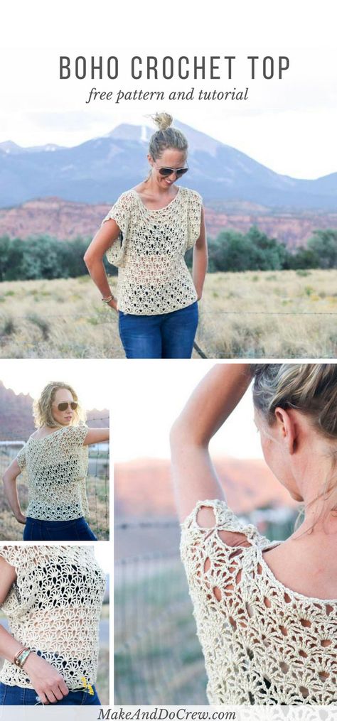 Combine the breezy Canyonlands boho crochet top with a bandeau or cami, a pair of well-worn jeans and a free spirit for a perfect bohemian summer look! Free crochet pattern using the Open Fan stitch. via @makeanddocrew Free Boho Crochet Patterns, Crochet Top Patterns Free, Boho Crochet Top, Poncho Au Crochet, Cardigan Au Crochet, Worn Jeans, Pull Crochet, Crochet Boho Top, Irish Crochet Dress