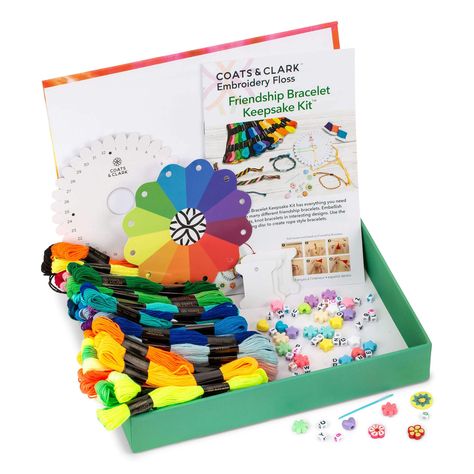 "Find the Coats & Clark® Embroidery Floss Friendship Bracelet Keepsake Kit™ at Michaels. com. Enjoy the fun of friendship bracelet making with this special kit that includes a gorgeous keepsake box! Coats and Clark cotton embroidery floss is a six-strand divisible thread made of mercerized, long staple cotton fibers, perfect for all your needle arts projects. Enjoy the fun of friendship bracelet making with this special kit that includes a gorgeous keepsake box! Details: Includes assorted colors 10.5\" x 7\" box size 8.75 yd. skein length 6-strand thread 100% mercerized cotton thread Include keepsake box Contents: Embroidery floss Assorted beads Blank floss bobbins Floss holder color wheel Plastic threader Bracelet weaving disc Project booklet | Coats & Clark® Embroidery Floss Friendship B Embroidery Friendship, Friendship Bracelet Making, Friendship Bracelet Kit, Making Friendship Bracelets, Anchor Embroidery, Bracelet Kit, Farm Crafts, Quilting Thread, Bracelet Kits