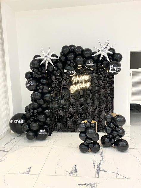 Black Balloons decor, Shimmer wall, balloons decoration, backdrop Rip Twenties Birthday, Twenties Birthday, Rip Twenties, Balloons Decor, 21st Birthday Decorations, Shimmer Wall, Birthday Wall, 30th Bday, Balloons Party