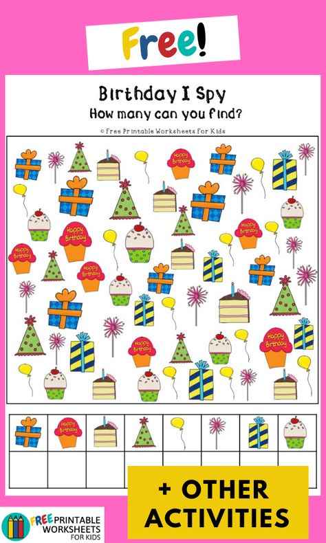 Occupational Therapy Birthday Activities, Birthday Worksheets Free Printables, Kindergarten Birthday Activities, Birthday Activities For Kindergarten, Birthday Preschool Theme, Preschool Birthday Activities, Birthday Activities Preschool, I Spy Birthday, Attention Activities For Kids