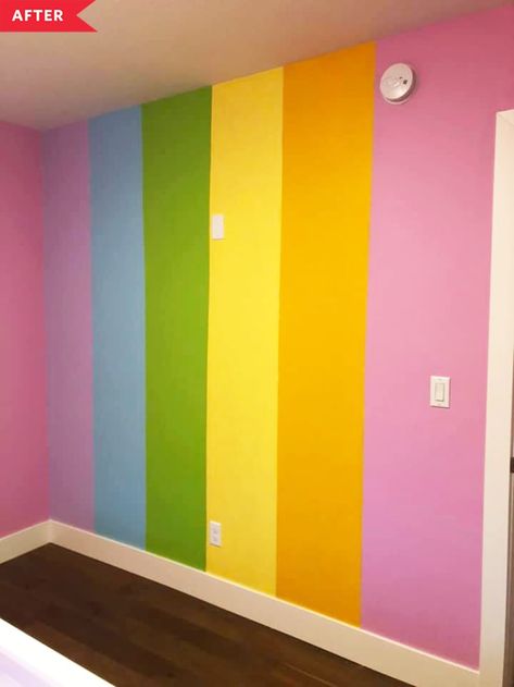 after: rainbow striped wall Striped Wall Paint, Stripes Wall Paint, Rainbow Stripe Wall, Striped Accent Walls, Gray Office, Rainbow Bedroom, Stripe Wall, Striped Wall, Grey Office