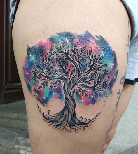 A Cosmic Tree of Life Eternal Life Tattoo, Tree Of Life Tattoos, Galaxy Tree, Swing Tattoo, Spanish Tattoos, Irish Tattoos, Tree Of Life Tattoo, Heart Tree, The Tree Of Life