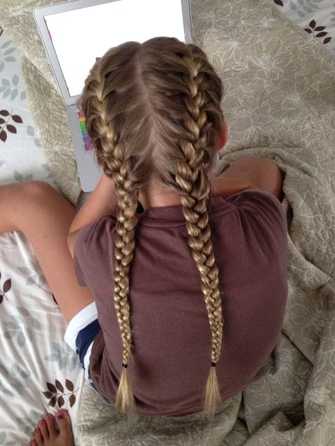 Two french braids! Hard Braided Hairstyles, Wrestling Hairstyles, Kepang Dua, 2 Braids Hairstyles, French Braid Pigtails, Soccer Hairstyles, Two French Braids, Two Braid Hairstyles, French Braid Hairstyles