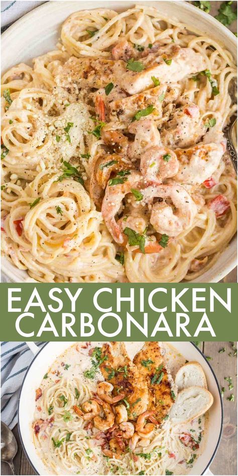 Chicken Carbonara Olive Garden, Shrimp Carbonara Recipe, Pasta Recipe Chicken, Chicken And Bacon Carbonara, Creamy Chicken Carbonara, Chicken Carbonara Pasta, Homemade Carbonara, Chicken And Shrimp Carbonara, Shrimp Carbonara