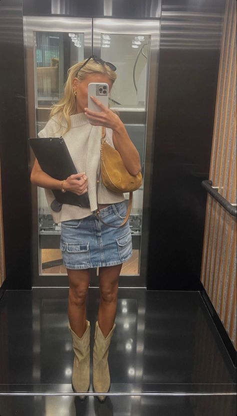 2024 European Summer Outfits, Matilda Djerf Cowboy Boots, Work Outfit With Cowboy Boots, Going Out La Outfit, Charlotte York Summer Outfits, Fall Outfit With Cowboy Boots, Sweater Dress Cowboy Boots, Cowboy Boots Denim Skirt, Short Denim Skirt Outfits Fall