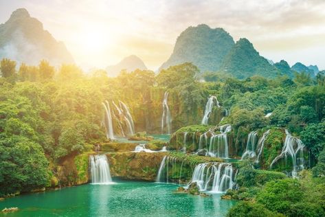 Sunny view of ban gioc detian waterfall ... | Premium Photo #Freepik #photo #waterfall-background #waterfall-mountain #cascade #waterfall Nature, Detian Waterfall, Waterfall Mountain, Waterfall Background, Waterfall Scenery, Cao Bang, Waterfall Wallpaper, Natural Waterfalls, Wallpaper Notebook