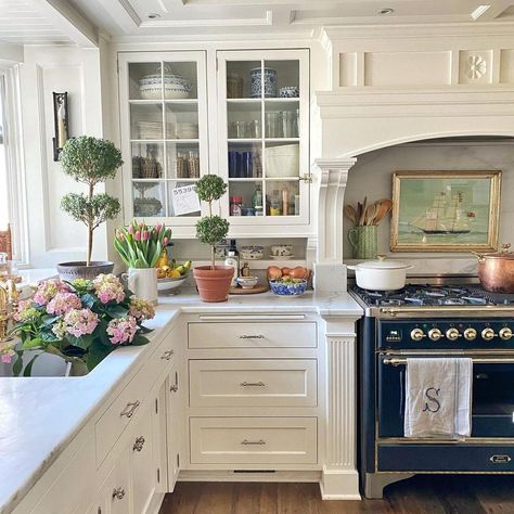 farm house, kitchen design, design inspiration, indoor plants, oven, freestanding oven, ilve oven, appliances Dream Kitchen Small, Small Home Design Ideas Interiors, Smaller Home Decor, Grand Millennial Kitchen Table, Historic Kitchen Ideas, Vintage Coastal Kitchen, Low Country Interiors, French Cottage Home Decor, Kitchens With Beams