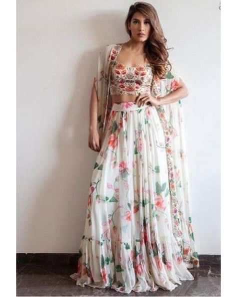 white printed georgette indowestern lehenga with shrug Indowestern Lehenga, India Women, Simple Lehenga, Saree Bollywood, Saree Kurti, Floral Lehenga, Indo Western Dress, Choli Designs, Lehenga Choli Online