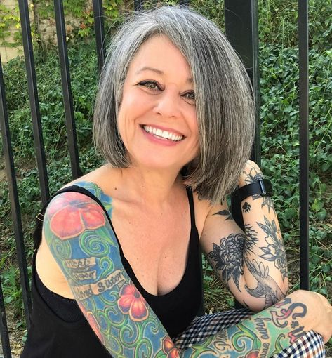 Lonni Living Life At 56 on Instagram: “I’m only one person but I can make a difference....and so can you. Be kinder, don’t judge others, stop the hate and just be a good human.…” Grey Hair And Tattoos, Older Women With Tattoos, Old Women With Tattoos, Grey Hair Old, 50 Year Old Women, Affordable Trendy Clothes, Woman With Tattoos, Bad Marriage, Tattoo People