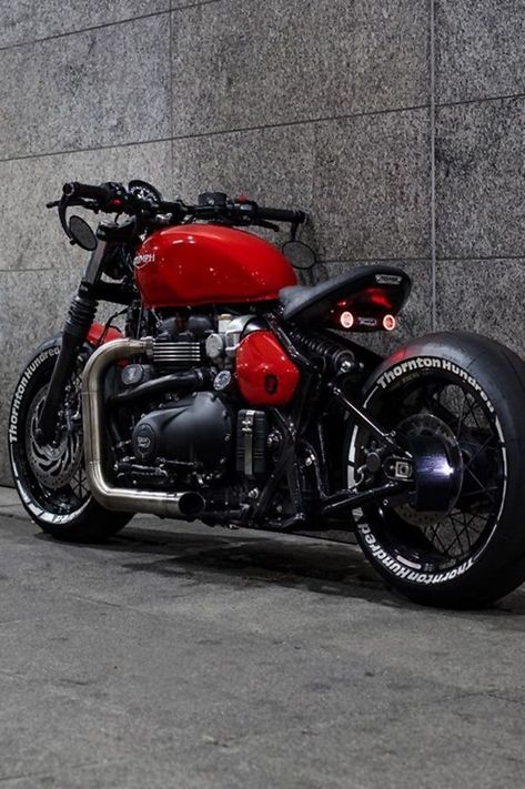 Thornton Hundred's Red Triumph Bobber - ModifiedX Thornton Hundred Motorcycles, Bobber Triumph, Moto Bobber, Kawasaki H2r, Motos Bobber, Bobber Style, Cafe Racer Design, Triumph Bobber, Triumph Bikes