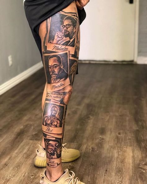 Arm Fill In Tattoos, Tattoo For Black Women, Tattoo Men Thigh, Black Excellence Tattoo, Upper Leg Tattoo Men, Side Forearm Tattoo Men Ideas, African American Tattoos, Calf Sleeve Tattoo, Portrait Tattoo Sleeve
