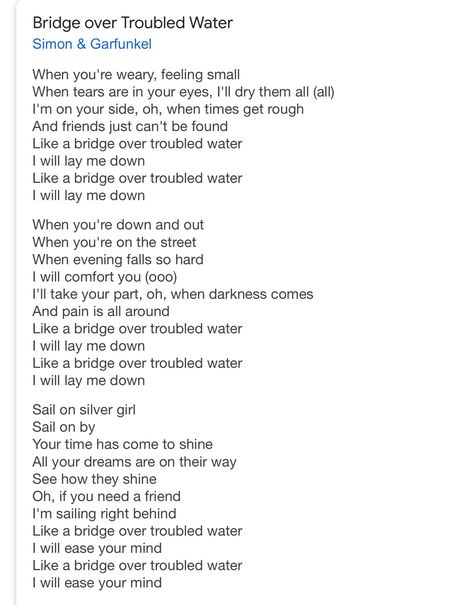 Bridge over troubled water - songtekst Bridge Over Troubled Water Tattoo, Elvis Presley Songs Lyrics, Christmas Carols Lyrics, Positive Songs, Prayer Poems, Song Notes, Hymns Lyrics, Kindergarten Songs, Great Song Lyrics