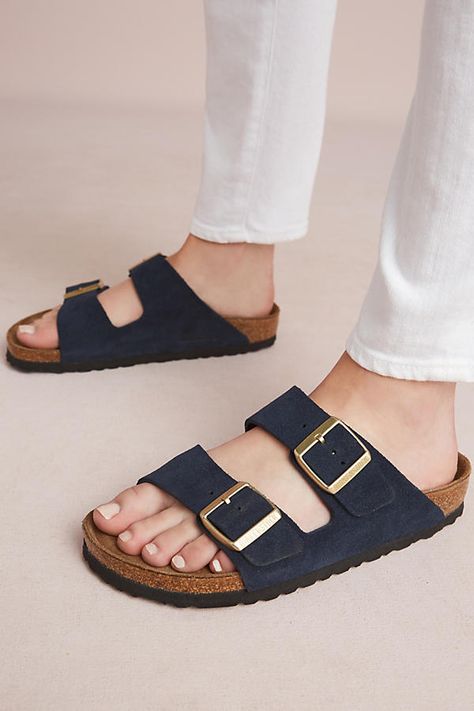 Birkin Stocks Sandals, Navy Birkenstocks, Birkenstocks Aesthetic, Sandal Aesthetic, Birkenstock Slides, Sandals Aesthetic, Birkenstock Slippers, Sandal Kulit, Birkenstock Sandal