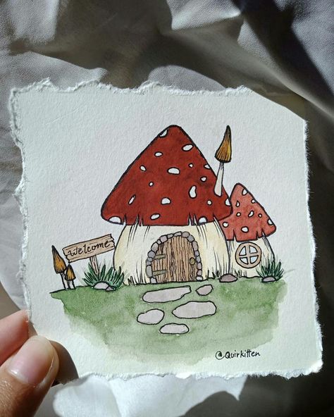 Mushroom house or cob house. Cottagecore art Cute Mushroom House Drawing Easy, Mushroom Drawing Paintings, Mushroom House Painting Easy, Drawing Ideas House Sketch, Creative House Drawing, Drawing Mushroom House, Mushroom Door Painting, Watercolor Mushroom House, Watercolour Drawings Easy