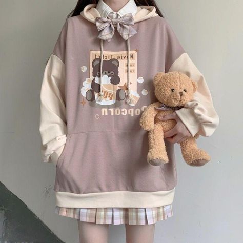 Cute Clothes Japanese, Kawaii Bear Outfit, Cute Bear Clothes, Bear Aesthetic Clothes, Happy Outfits Aesthetic, Cute Hoodie Outfit, Cutesy Clothes, Cute Kawaii Outfits, Kawaii Outfits Aesthetic