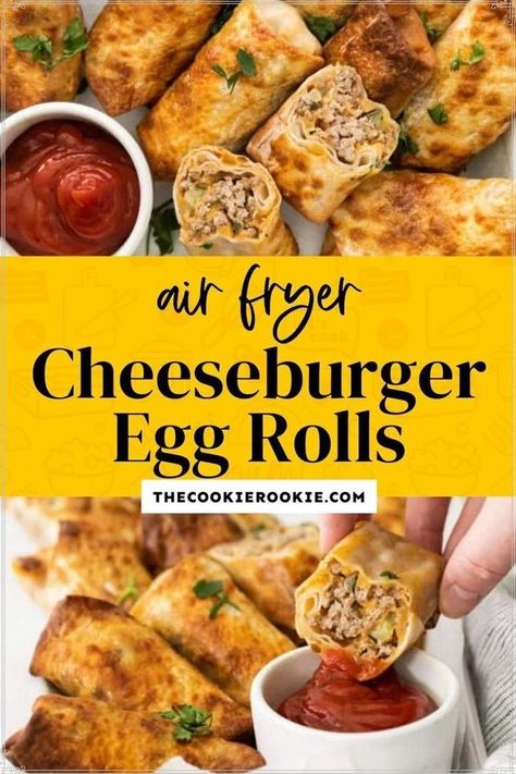 Recipes Using Egg Roll Wrappers, Cheeseburger Egg Rolls Recipe, Air Fryer Cheeseburger, Hamburger With Egg, Cheeseburger Eggrolls, Ground Beef And Bacon, Homemade Dipping Sauce, Cheeseburger Egg Rolls, Egg Roll Ingredients