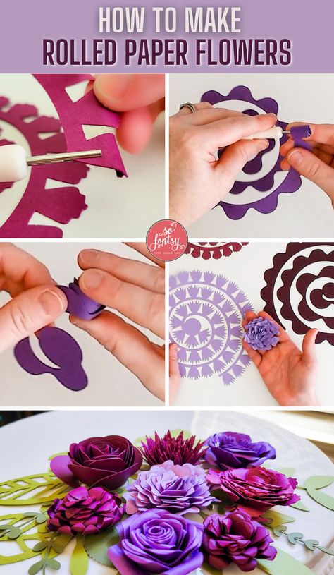 How to Make Rolled Paper Flowers - So Fontsy How To Roll Paper Flowers Cricut, Cricut Flowers Templates Free Printable, Cricut Bouquet Of Flowers, Fabric Flower Tutorial Step By Step, Cricut Flowers Templates, Cricut Flower Projects, Cricut Rolled Flowers, Cricut 3d Flowers, Flat Paper Flowers