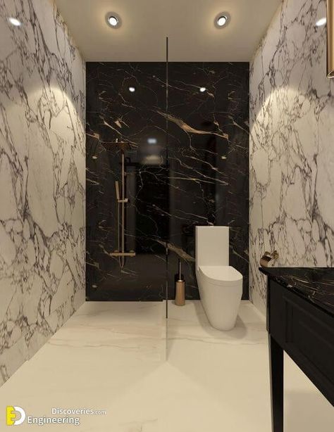 40 Most Popular Bathroom Design Ideas - Engineering Discoveries Black And White Marble Bathroom, Toilet Tiles Design, Washroom Tiles Design, Small Bathroom Modern, Latest Bathroom Tiles, Popular Bathroom Designs, Modern Tile Designs, Black Tile Bathrooms, Toilet And Bathroom Design