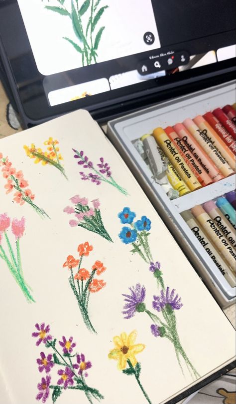 Christian Oil Pastel Art, Oil Pastel Wildflowers, Drawing Flowers Oil Pastels, Flower Art Oil Pastel, Flowers Crayon Drawing, Oil Pastel Card Ideas, Flowers Color Pencil Drawing, Soft Pastel Art Aesthetic, How To Draw Flowers With Oil Pastels