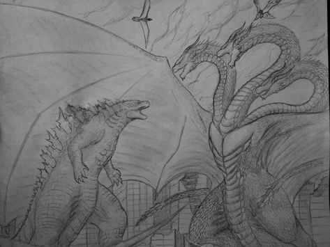 Godzilla vs King Ghidorah (Uncolored Version with obvious wet mark from where I sneezed on it)  #godzilla #gojira #godzillamonsterverse… Ghidorah Sketch, King Ghidorah Drawing, Godzilla Suit, Godzilla Vs King Ghidorah, Godzilla Tattoo, Monster Verse, Dinosaur Sketch, Kong Godzilla, King Ghidorah