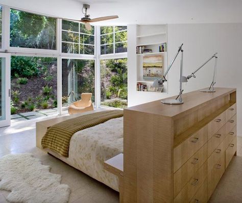 California retreat surrounded by lush landscaping Cabinet Headboard, Bed In Middle Of Room, Creative Headboard, Custom Headboard, Loft Bedroom, Headboard Wall, Headboard Storage, Wood Cabinet, Ideas Casa