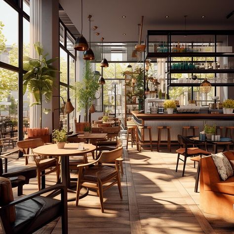 Photo ultra realistic cafe interior desi... | Premium Photo #Freepik #photo Upscale Cafe Interior Design, Mediterranean Cafe Interior Design, Cottage Cafe Interior, European Cafe Interior Design, Neutral Coffee Shop Aesthetic, Cafe Inspo Interiors, Earthy Cafe Interior Design, Brunch Cafe Aesthetic, Coffee Shop Furniture Ideas