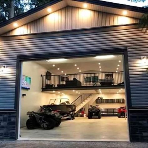 Atv Storage Ideas, Dirt Bike Garage, Atv Garage, Barn Man Cave, Garage Man Cave Ideas, Garage Hangout, Spontaneous Adventures, Bicycle Garage, Bike Garage