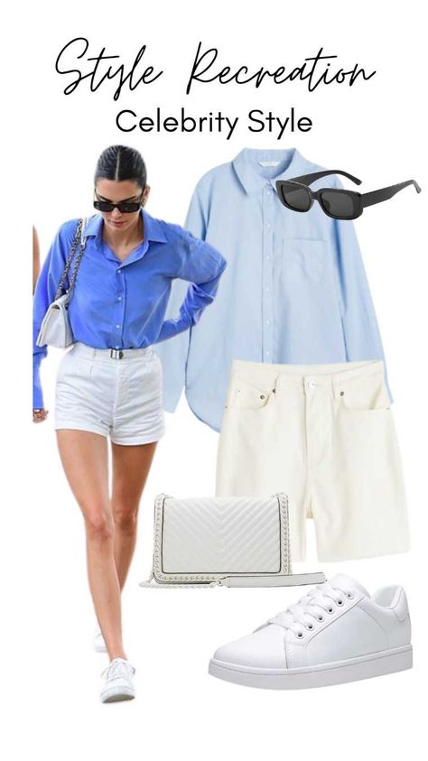 kendall Jenner outfit, blue button down shirt, white shorts, white sneakers, white bag, rectangular framed sunglasses White Baggy Shorts Outfit, Shorts And White Sneakers Outfit, Old Money Sneakers Outfit, Denim Sneakers Outfit, Denim Shorts Outfit Summer Casual, White Sneakers Outfit Summer, White Denim Shorts Outfit, White Shorts Outfit Summer, Leather Sneakers Outfit