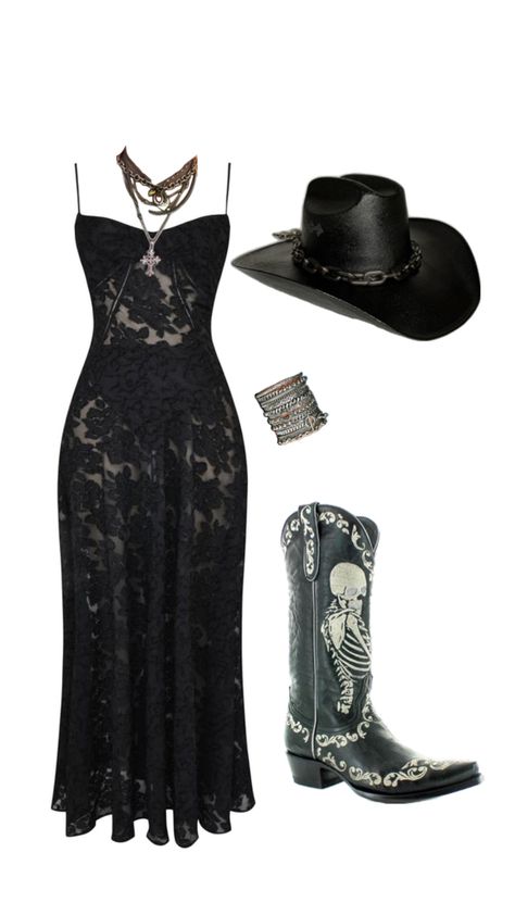 Goth girl cowgirl goth country outfit inspo all black country concert festival outfit inspo western Cowgirl Goth, Goth Country, Concert Festival Outfit, Black Cowgirl Outfit, Outfit Inspo Western, Goth Cowgirl, Festival Outfit Inspo, Western Festival, Country Outfit