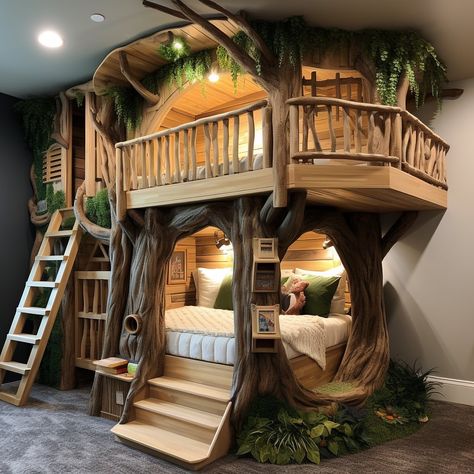 TreeHouse-Inspired Bunk Bed Designs: Childhood Dream Rooms Woodland Bunk Bed, Cabin Bed Kids, Bunk Bed Tree House, Decorating Bunk Beds, Tree Bunk Bed, Tree House Bedroom Ideas, Super Cool Beds, Treehouse Bunk Beds, Tree House Loft Bed