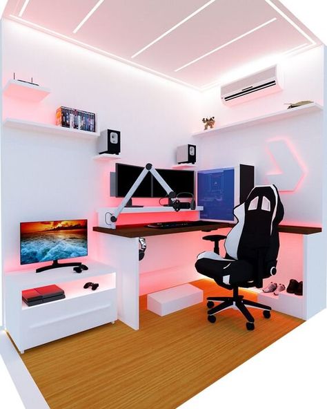 30 Gamers’ Home Office Ideas and Designs Gamer Bedroom, Small Game Rooms, Bilik Idaman, Computer Gaming Room, Gamer Room Decor, Pc Gaming Setup, Video Game Room Design, Bilik Tidur, Video Game Rooms