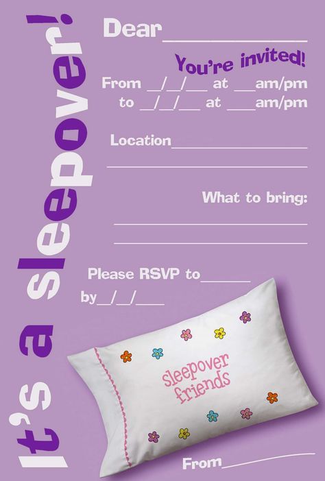 Well, here you have a collection of seven very cute and very girly slumber party invitations. So, if you are planning a sleepover... Girls Sleepover Party, Slumber Party Invitations, Sleepover Invitations, Girls Slumber Party, 13th Birthday Invitations, Pijama Party, Sleepover Birthday Parties, Kids Camping, Girl Sleepover