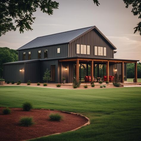 Buckeye Plans - Black on Black Barndominium 🎯🤩 Barndominium Backyard, Black Pole Barn House, Barnodium Homes, Affordable Barndominium, Black Homes, Black Barndominium, Barn Homes Floor Plans, Barn Apartment, Barn House Design