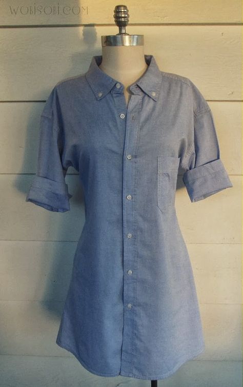 Need a cute dress in a hurry?    Grab an old XL shirt from your hubby's closet or find one in the thrift shop and make one in a fl... Dress Tutorials, Shirt Dress Diy, Shirt Dress Tutorials, Mens Shirt Refashion, Diy Clothes Refashion, Dress Diy, Diy Vetement, Kleidung Diy, Shirt Refashion