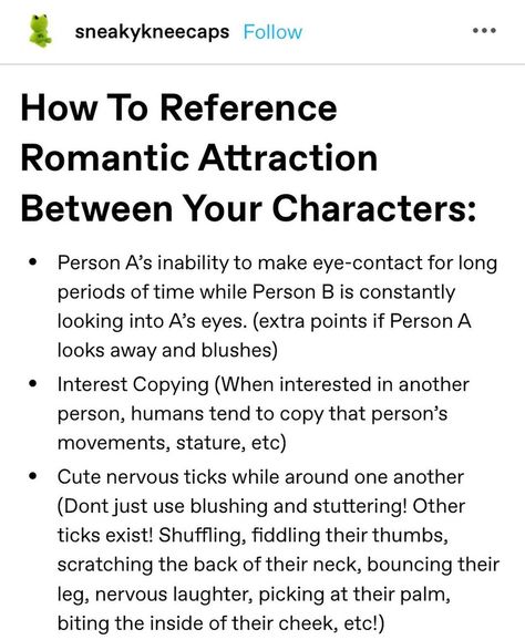 How Two Characters Meet, Writing Attraction Between Characters, How To Write Good Chemistry Between Characters, Couple Ideas Writing, Lesbian Writing Tips, How To Write Blushing, How To Introduce A Love Interest Writing, Writing Tension Between Characters, How To Write Two Characters Falling In Love