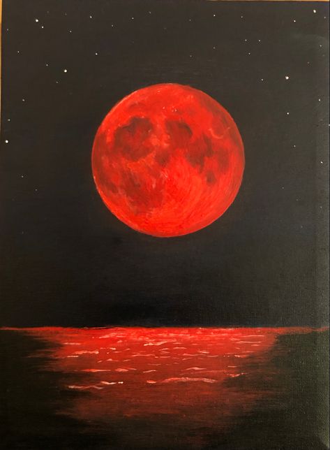 Moon Painting Realistic, Red Background Painting Easy, Aesthetic Red Painting Ideas, Easy Minecraft Paintings, Vampire Painting Ideas, Moon And Ocean Painting, Red Painting Ideas Easy, Easy Red Painting Ideas, Red Moon Painting Acrylic