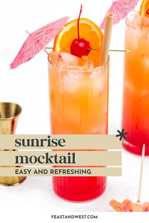 If you’re looking for a fun and fruity non-alcoholic beverage, then you’ll love this easy Sunrise Mocktail recipe. Using orange juice, lemonade and grenadine syrup, you can make a color effect that looks like the sunrise and tastes wonderfully delicious! Such a fun drink for any time of the year. https://feastandwest.com/2024/05/01/sunrise-mocktail/ Mocktails Non Alcoholic Grenadine, Tequila Sunrise Mocktail Recipe, Mocktails Orange Juice, Sunrise Mocktail Recipe, Tequila Sunrise Mocktail, Fun Virgin Drinks, Orange Juice Mocktail Recipe, Yummy Mocktail Recipes, Fruity Mocktails Non Alcoholic