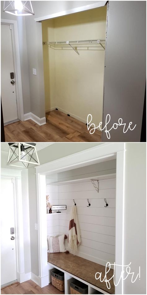 Closet Into Mudroom, Entry Way Closet, Entry Closet Makeover, Storage For Shoes, Mudroom Remodel, Front Closet, Entry Closet, Entryway Closet, Mudroom Decor