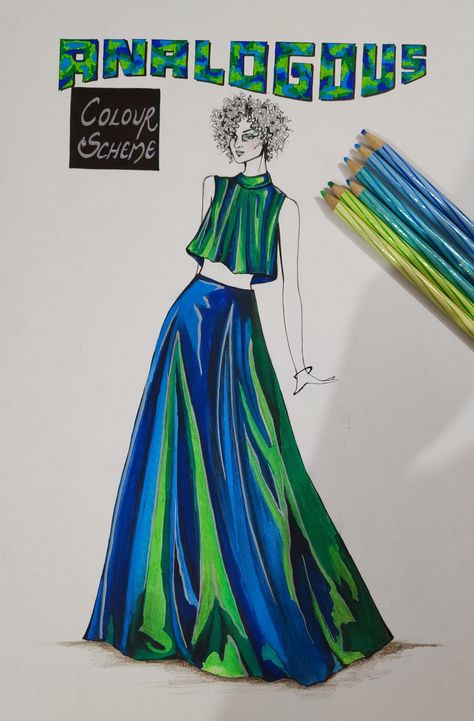 Analogous Fashion Illustration, Croquis, Cool Colour Dress Illustration, Cool Colour Scheme Drawing, Fashion Colour Board, Analogous Drawing, Staedtler Colour Pencil Drawings, Analogous Color Scheme Drawing, Analogous Colour Scheme