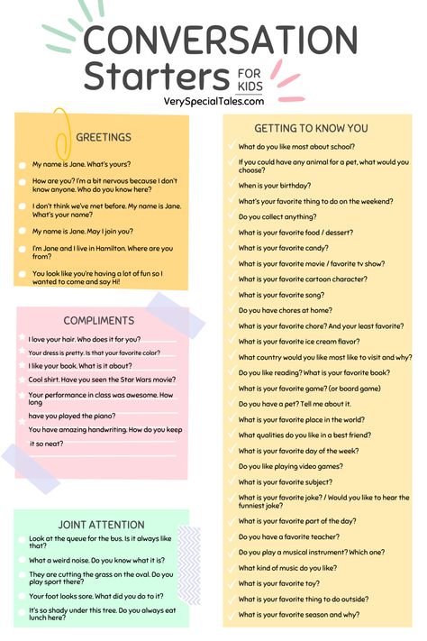 (PDF Download) List of fun conversation starters for kids / Conversation prompts for kids / Help Your Kids Build Lasting Friendships and Meaningful Connections with these Simple Conversation Starters Text Conversation Starters, Deep Conversation Starters, Conversation Prompts, Conversation Starter Questions, Conversation Starters For Kids, Tatabahasa Inggeris, Questions To Get To Know Someone, Conversation Questions, Kids Help