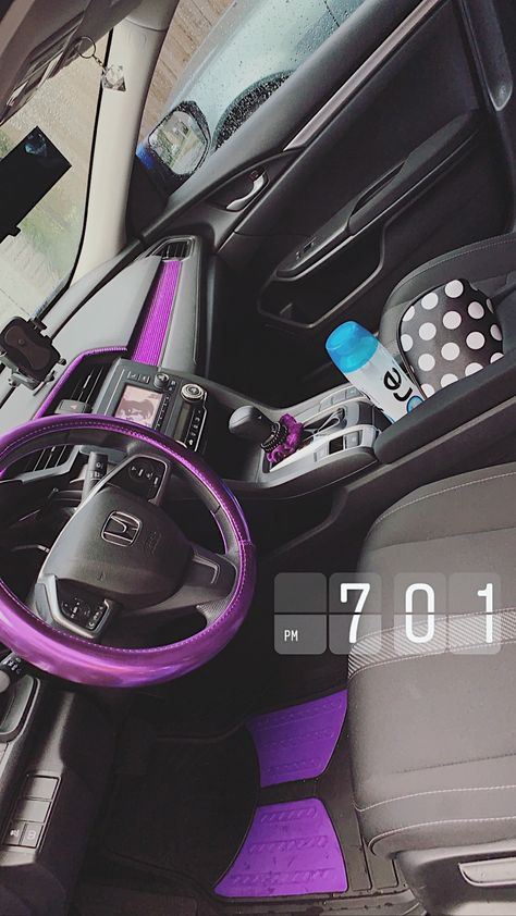 Honda Civic Purple Interior, Purple Car Wrap Ideas, Inside Car Decorations Purple, Car Interior Decor Purple, Purple Car Aesthetic Inside, Car Interior Ceiling Ideas, Black And Purple Car Interior, Purple Car Decorations, Purple Car Accessories Interiors