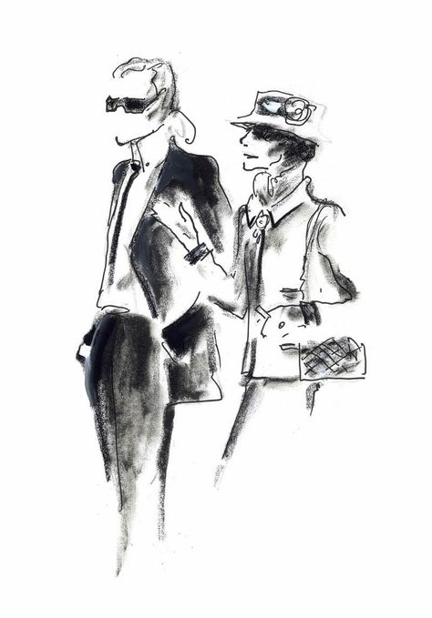 Between Coco Chanel and Karl Lagerfeld. Original drawing by Karl Lagerfeld. Alphonse Mucha, Karl Lagerfeld Chanel, Mademoiselle Chanel, Chanel Art, Moda Chanel, Mode Chanel, Chanel Jacket, Gabrielle Chanel, Fashion Illustration Sketches