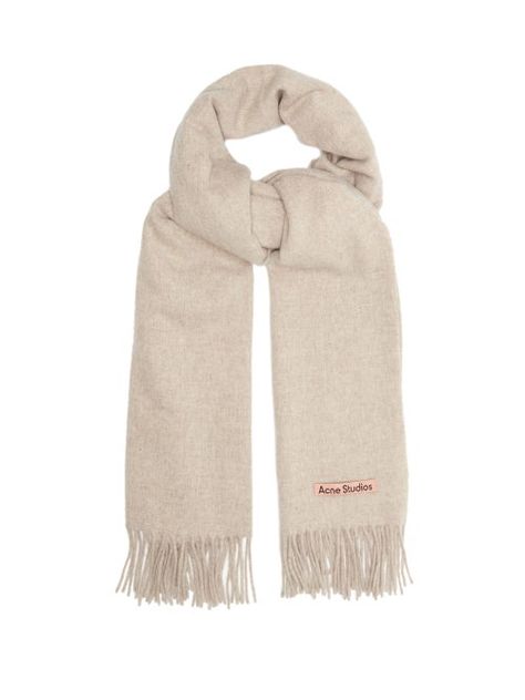 Acne Studios - Acne Studios renews its Canada scarf as this oversized oat-beige iteration. It's made in Italy from warm mid-weight wool with fringed edges and a logo label tinted in the brand's signature pink. Wear it with neutral separates for a considered result. Acne Studios Scarf, Acne Scarf, Woman Accessories, Logo Label, Label Sizes, Wool Scarf, A Logo, Online Shopping For Women, Womens Scarves